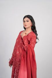 Gulnaar deep rose embroidered lawn 3-piece suit with silk ombre dupatta by Mosmi Pakistan