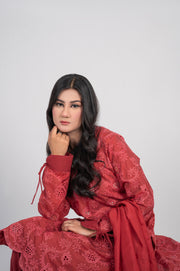 Gulnaar deep rose embroidered lawn 3-piece suit with silk ombre dupatta by Mosmi Pakistan